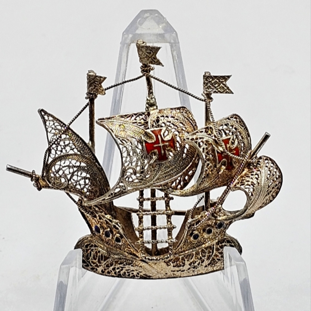 Vintage Safir Portugal Pirate Ship Gem Brooch Pin
